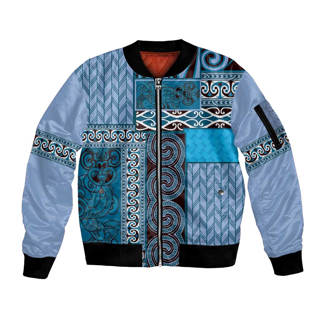 Blue Aotearoa Kowhaiwhai Pattern Sleeve Zip Bomber Jacket NZ Maori Quilt Style LT14 Unisex Blue - Polynesian Pride