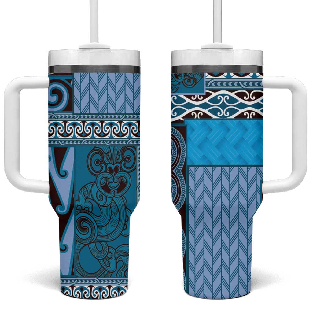 Blue Aotearoa Kowhaiwhai Pattern Tumbler With Handle NZ Maori Quilt Style LT14 One Size: 40 oz Blue - Polynesian Pride