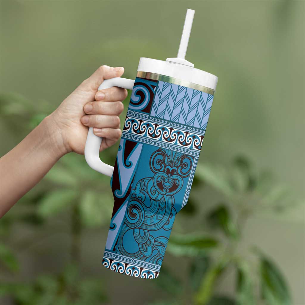 Blue Aotearoa Kowhaiwhai Pattern Tumbler With Handle NZ Maori Quilt Style LT14 - Polynesian Pride