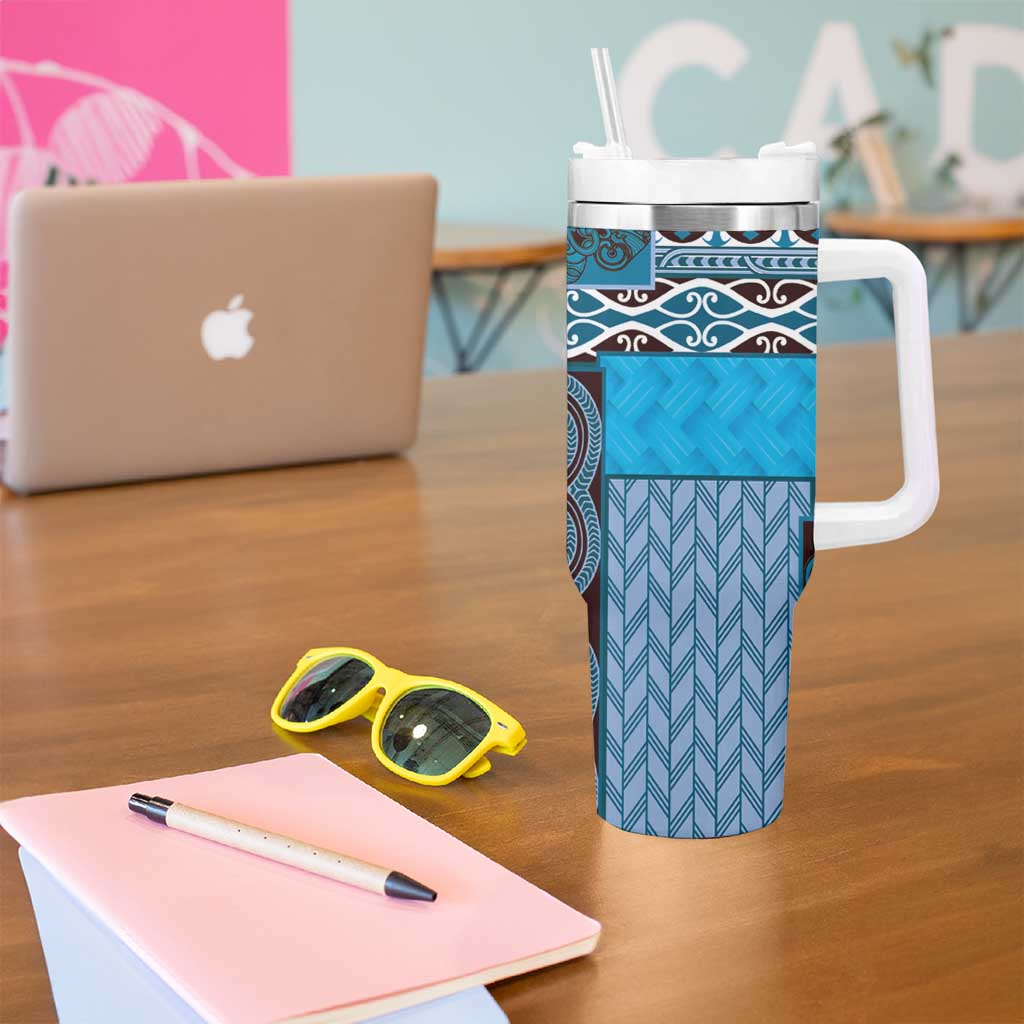 Blue Aotearoa Kowhaiwhai Pattern Tumbler With Handle NZ Maori Quilt Style LT14 - Polynesian Pride