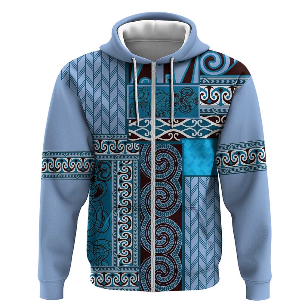 Blue Aotearoa Kowhaiwhai Pattern Zip Hoodie NZ Maori Quilt Style LT14 Zip Hoodie Blue - Polynesian Pride