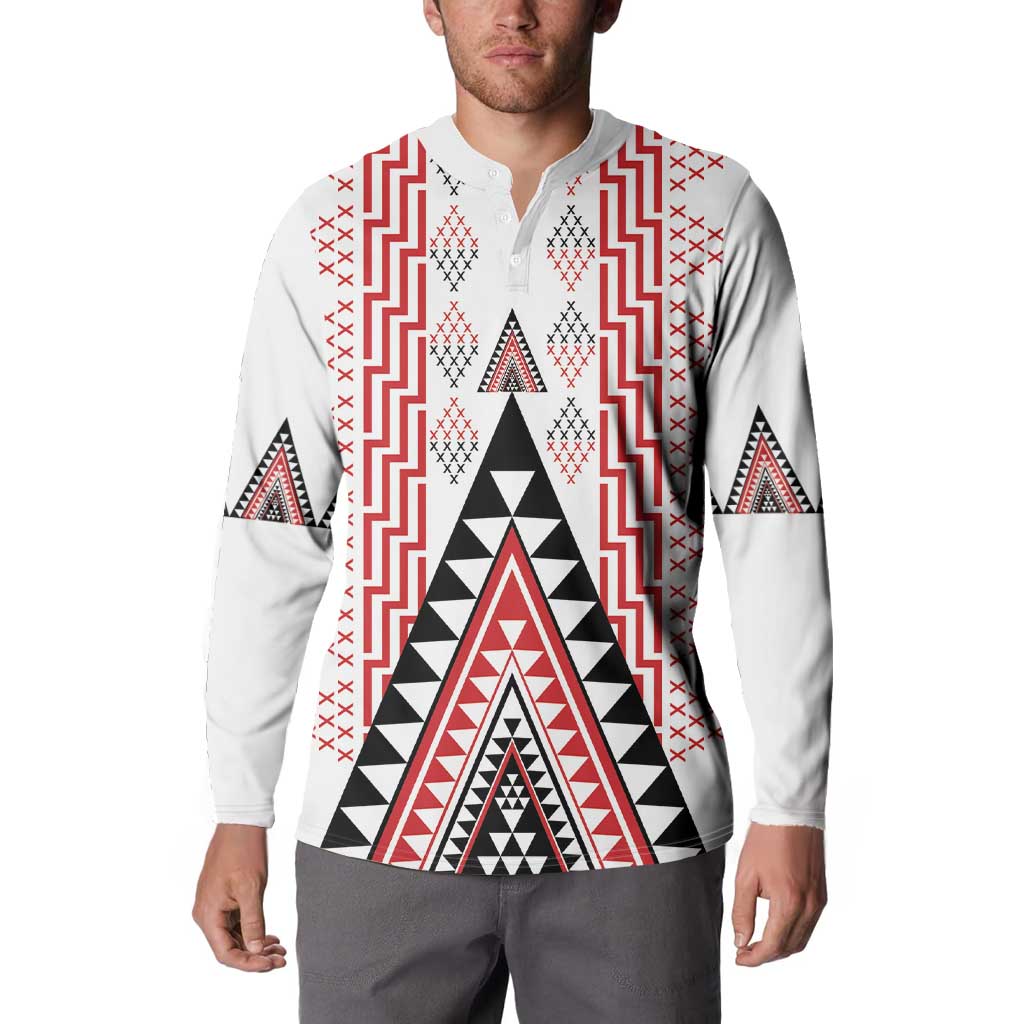 Aotearoa Taniko Button Sweatshirt Niho Taniwha Purapura Whetu Mix Poutama