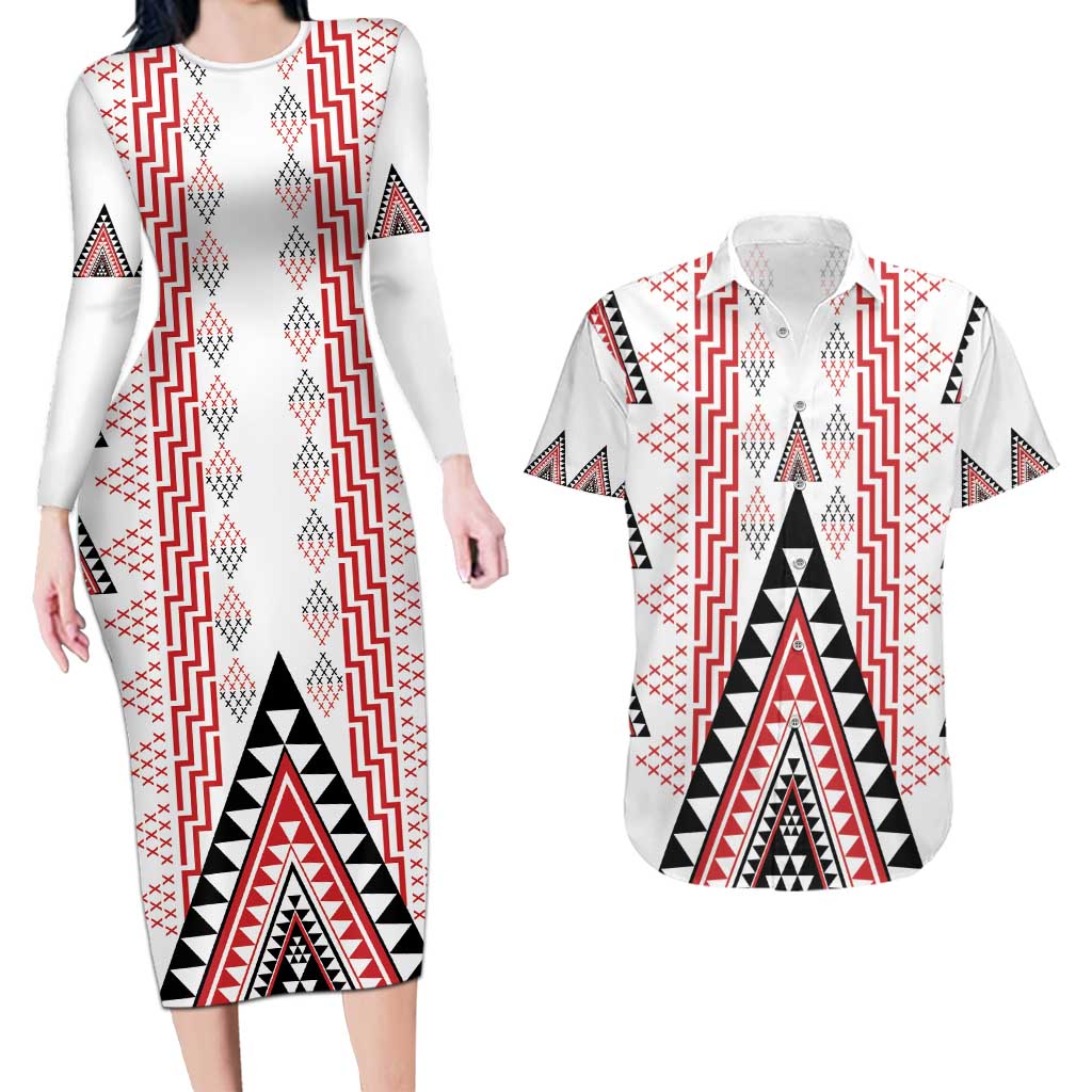 Aotearoa Taniko Couples Matching Long Sleeve Bodycon Dress and Hawaiian Shirt Niho Taniwha Purapura Whetu Mix Poutama LT14 White - Polynesian Pride