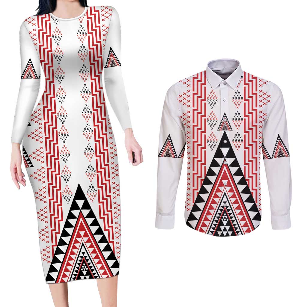 Aotearoa Taniko Couples Matching Long Sleeve Bodycon Dress and Long Sleeve Button Shirt Niho Taniwha Purapura Whetu Mix Poutama
