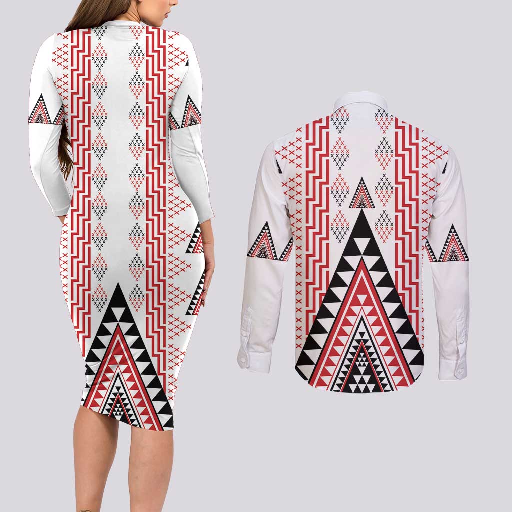 Aotearoa Taniko Couples Matching Long Sleeve Bodycon Dress and Long Sleeve Button Shirt Niho Taniwha Purapura Whetu Mix Poutama LT14 - Polynesian Pride