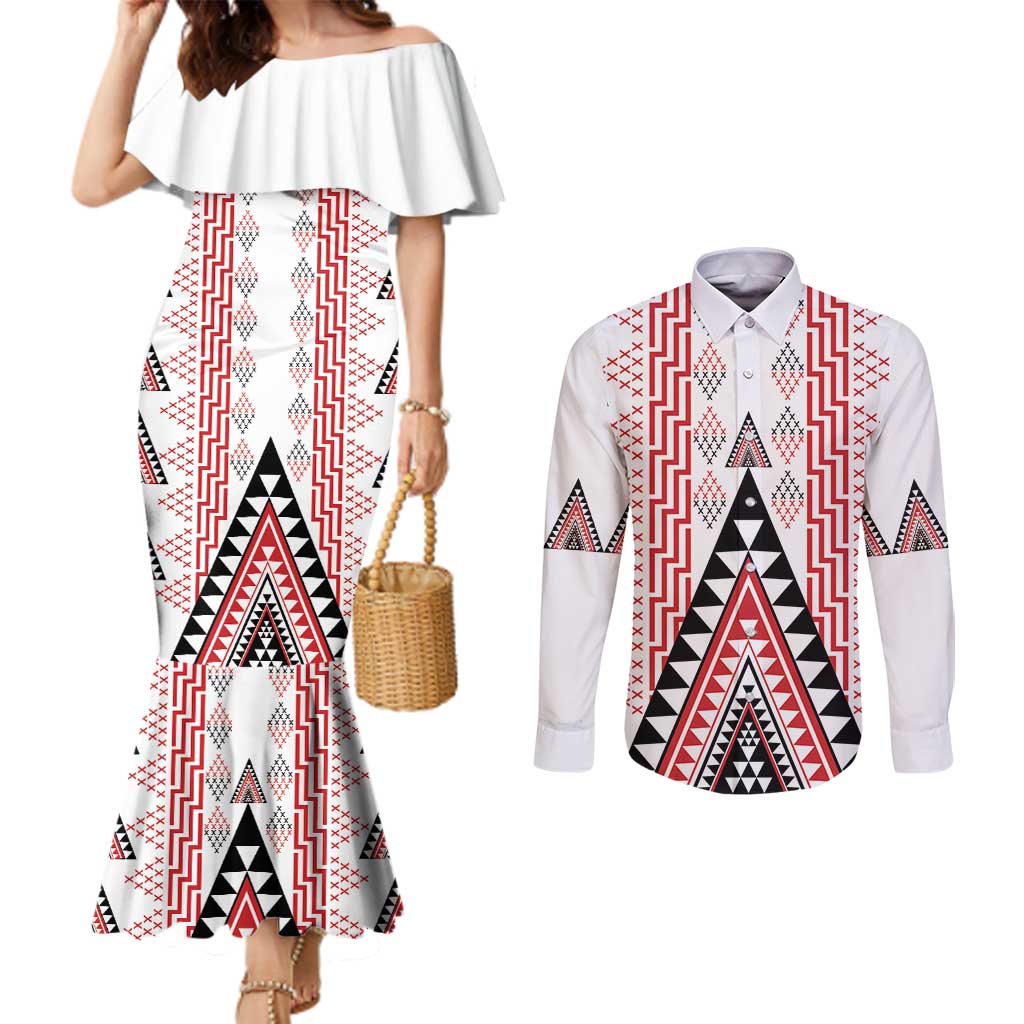 Aotearoa Taniko Couples Matching Mermaid Dress and Long Sleeve Button Shirt Niho Taniwha Purapura Whetu Mix Poutama LT14 White - Polynesian Pride