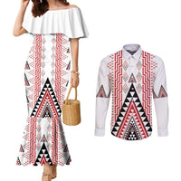 Aotearoa Taniko Couples Matching Mermaid Dress and Long Sleeve Button Shirt Niho Taniwha Purapura Whetu Mix Poutama LT14 White - Polynesian Pride