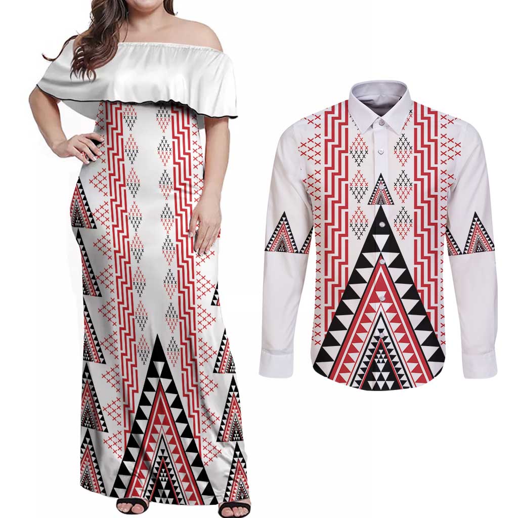 Aotearoa Taniko Couples Matching Off Shoulder Maxi Dress and Long Sleeve Button Shirt Niho Taniwha Purapura Whetu Mix Poutama LT14 White - Polynesian Pride