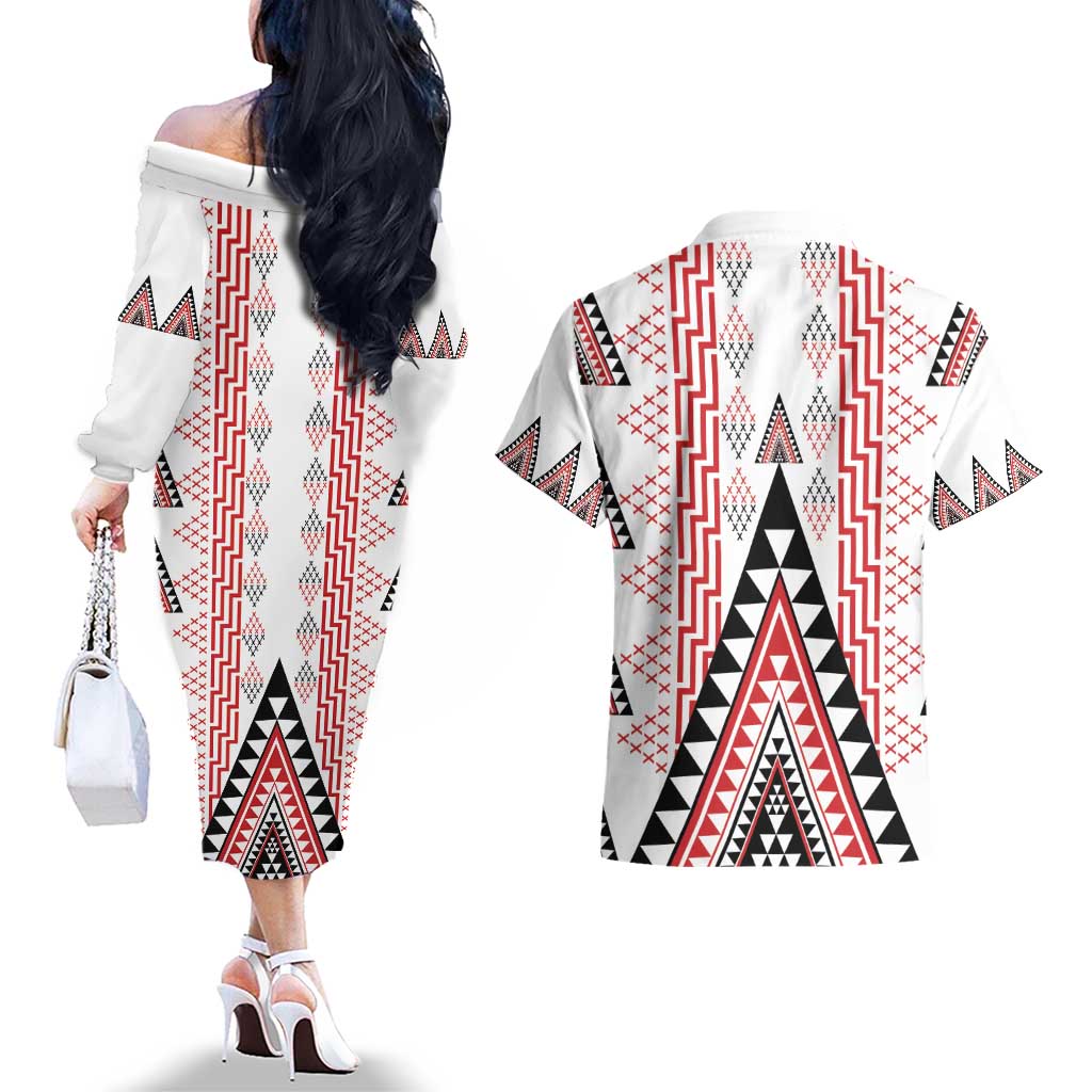 Aotearoa Taniko Couples Matching Off The Shoulder Long Sleeve Dress and Hawaiian Shirt Niho Taniwha Purapura Whetu Mix Poutama LT14 - Polynesian Pride