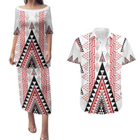 Aotearoa Taniko Couples Matching Puletasi and Hawaiian Shirt Niho Taniwha Purapura Whetu Mix Poutama LT14 White - Polynesian Pride