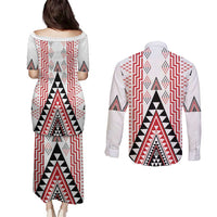 Aotearoa Taniko Couples Matching Puletasi and Long Sleeve Button Shirt Niho Taniwha Purapura Whetu Mix Poutama LT14 - Polynesian Pride