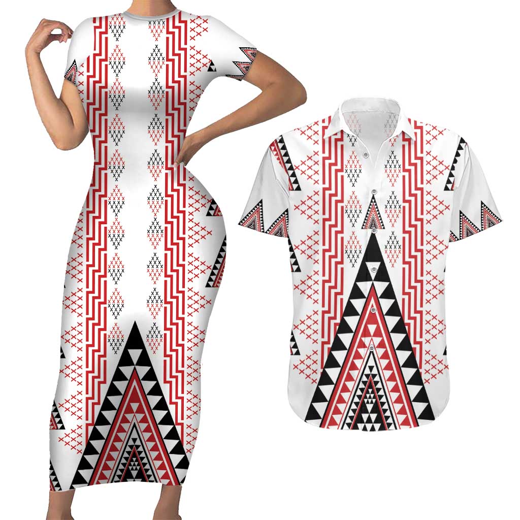 Aotearoa Taniko Couples Matching Short Sleeve Bodycon Dress and Hawaiian Shirt Niho Taniwha Purapura Whetu Mix Poutama LT14 White - Polynesian Pride