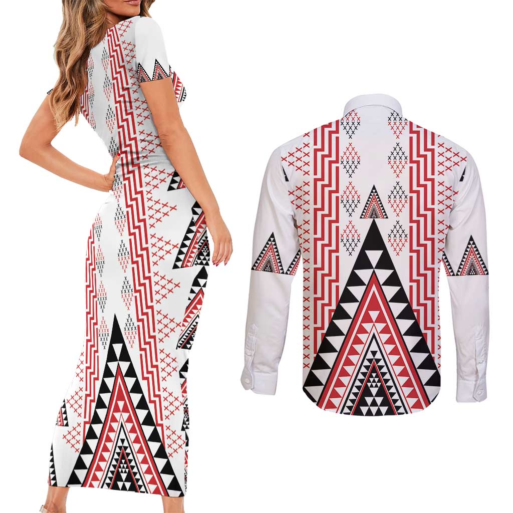 Aotearoa Taniko Couples Matching Short Sleeve Bodycon Dress and Long Sleeve Button Shirt Niho Taniwha Purapura Whetu Mix Poutama LT14 - Polynesian Pride