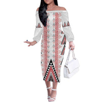 Aotearoa Taniko Family Matching Off The Shoulder Long Sleeve Dress and Hawaiian Shirt Niho Taniwha Purapura Whetu Mix Poutama LT14 Mom's Dress White - Polynesian Pride