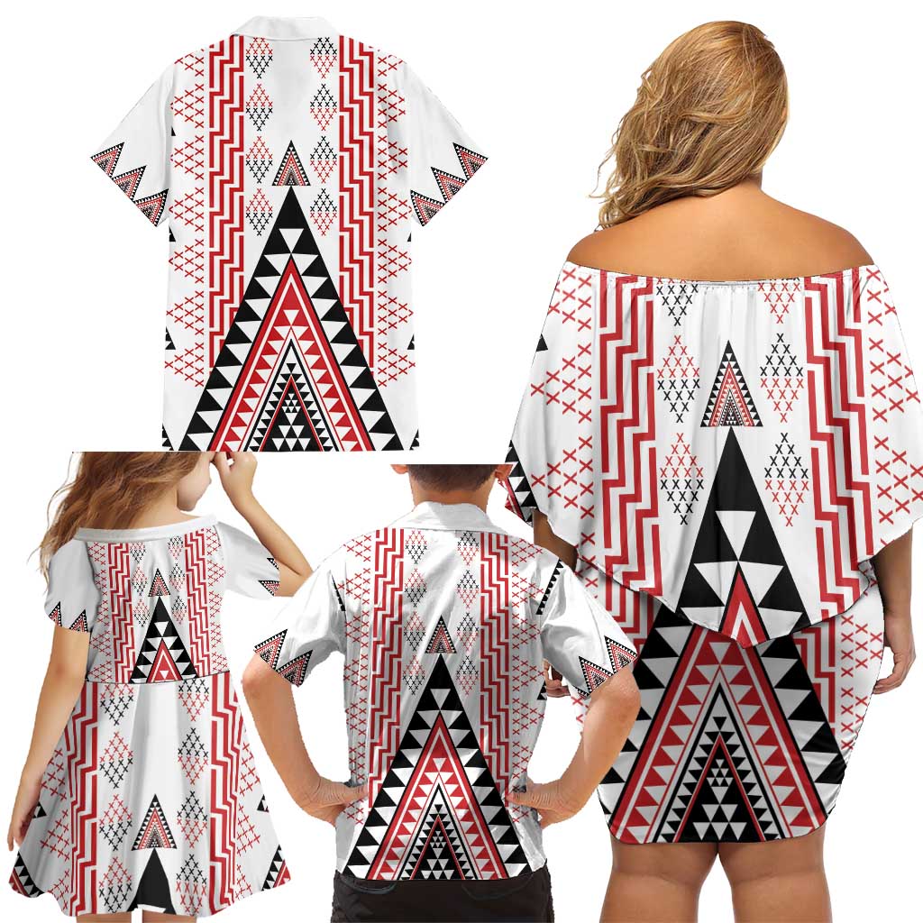 Aotearoa Taniko Family Matching Off Shoulder Short Dress and Hawaiian Shirt Niho Taniwha Purapura Whetu Mix Poutama LT14 - Polynesian Pride