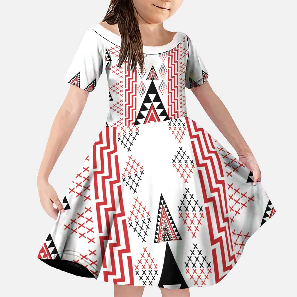 Aotearoa Taniko Family Matching Summer Maxi Dress and Hawaiian Shirt Niho Taniwha Purapura Whetu Mix Poutama LT14 Daughter's Dress White - Polynesian Pride