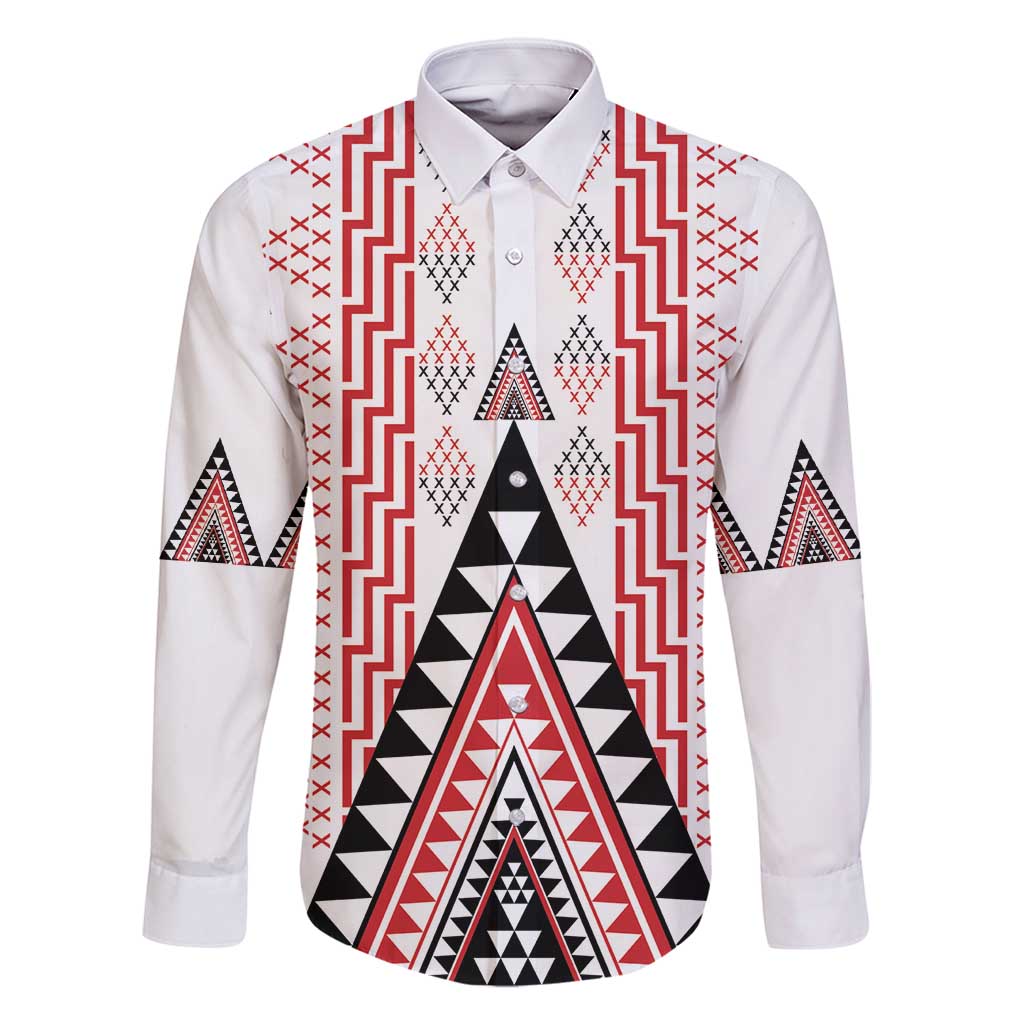 Aotearoa Taniko Family Matching Tank Maxi Dress and Hawaiian Shirt Niho Taniwha Purapura Whetu Mix Poutama LT14 Dad's Shirt - Long Sleeve White - Polynesian Pride