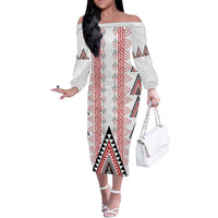 Aotearoa Taniko Off The Shoulder Long Sleeve Dress Niho Taniwha Purapura Whetu Mix Poutama LT14 Women White - Polynesian Pride