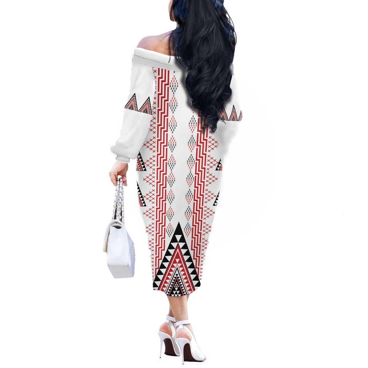 Aotearoa Taniko Off The Shoulder Long Sleeve Dress Niho Taniwha Purapura Whetu Mix Poutama LT14 - Polynesian Pride