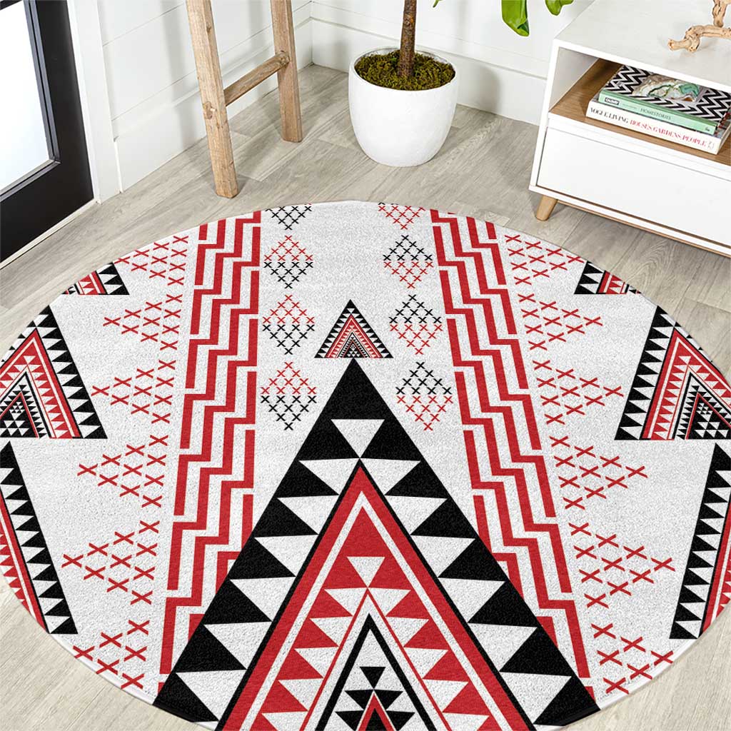 Aotearoa Taniko Round Carpet Niho Taniwha Purapura Whetu Mix Poutama LT14 White - Polynesian Pride