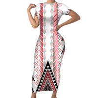 Aotearoa Taniko Short Sleeve Bodycon Dress Niho Taniwha Purapura Whetu Mix Poutama LT14 Long Dress White - Polynesian Pride