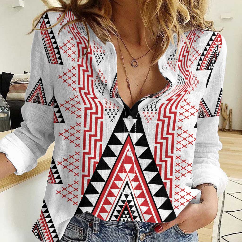 Aotearoa Taniko Women Casual Shirt Niho Taniwha Purapura Whetu Mix Poutama LT14 Female White - Polynesian Pride