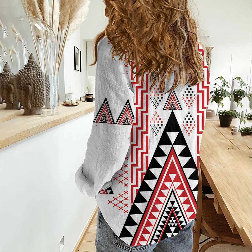 Aotearoa Taniko Women Casual Shirt Niho Taniwha Purapura Whetu Mix Poutama LT14 - Polynesian Pride