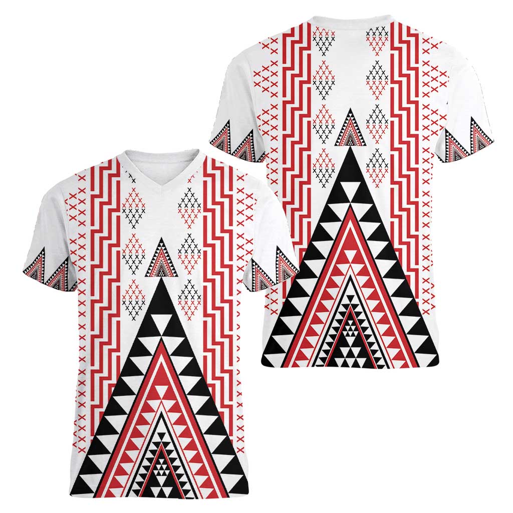 Aotearoa Taniko Women V-Neck T-Shirt Niho Taniwha Purapura Whetu Mix Poutama LT14 - Polynesian Pride