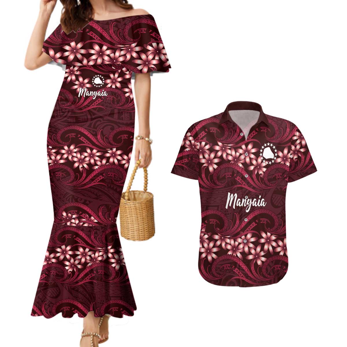 Personalised Cook Islands Mangaia Couples Matching Mermaid Dress and Hawaiian Shirt Tiare Maori Polynesian Waves Tattoo LT14 Burgundy - Polynesian Pride