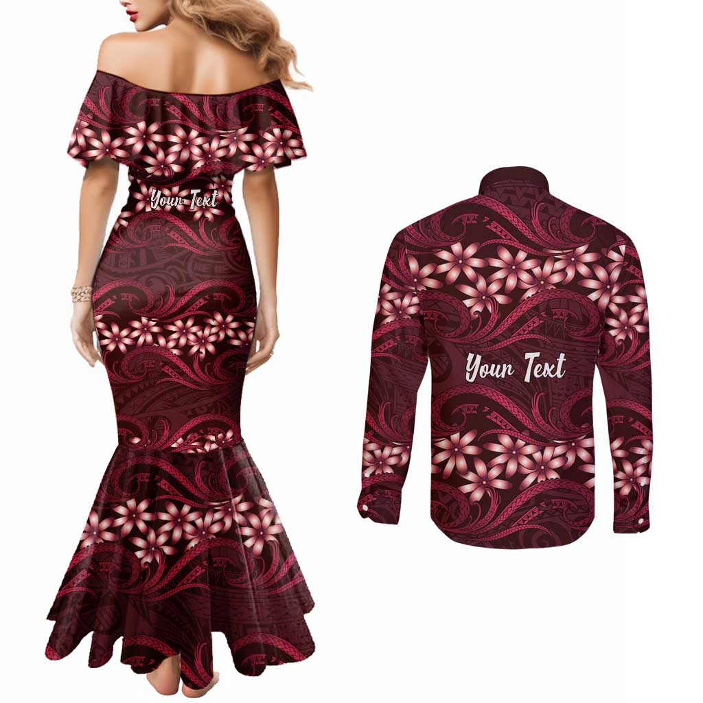 Personalised Cook Islands Mangaia Couples Matching Mermaid Dress and Long Sleeve Button Shirt Tiare Maori Polynesian Waves Tattoo LT14 - Polynesian Pride