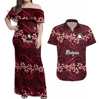 Personalised Cook Islands Mangaia Couples Matching Off Shoulder Maxi Dress and Hawaiian Shirt Tiare Maori Polynesian Waves Tattoo LT14 Burgundy - Polynesian Pride