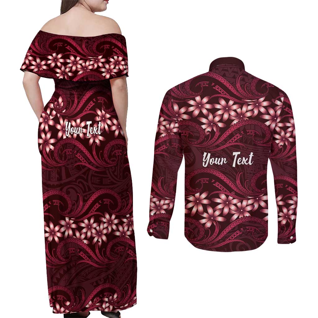 Personalised Cook Islands Mangaia Couples Matching Off Shoulder Maxi Dress and Long Sleeve Button Shirt Tiare Maori Polynesian Waves Tattoo LT14 - Polynesian Pride