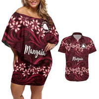 Personalised Cook Islands Mangaia Couples Matching Off Shoulder Short Dress and Hawaiian Shirt Tiare Maori Polynesian Waves Tattoo LT14 Burgundy - Polynesian Pride