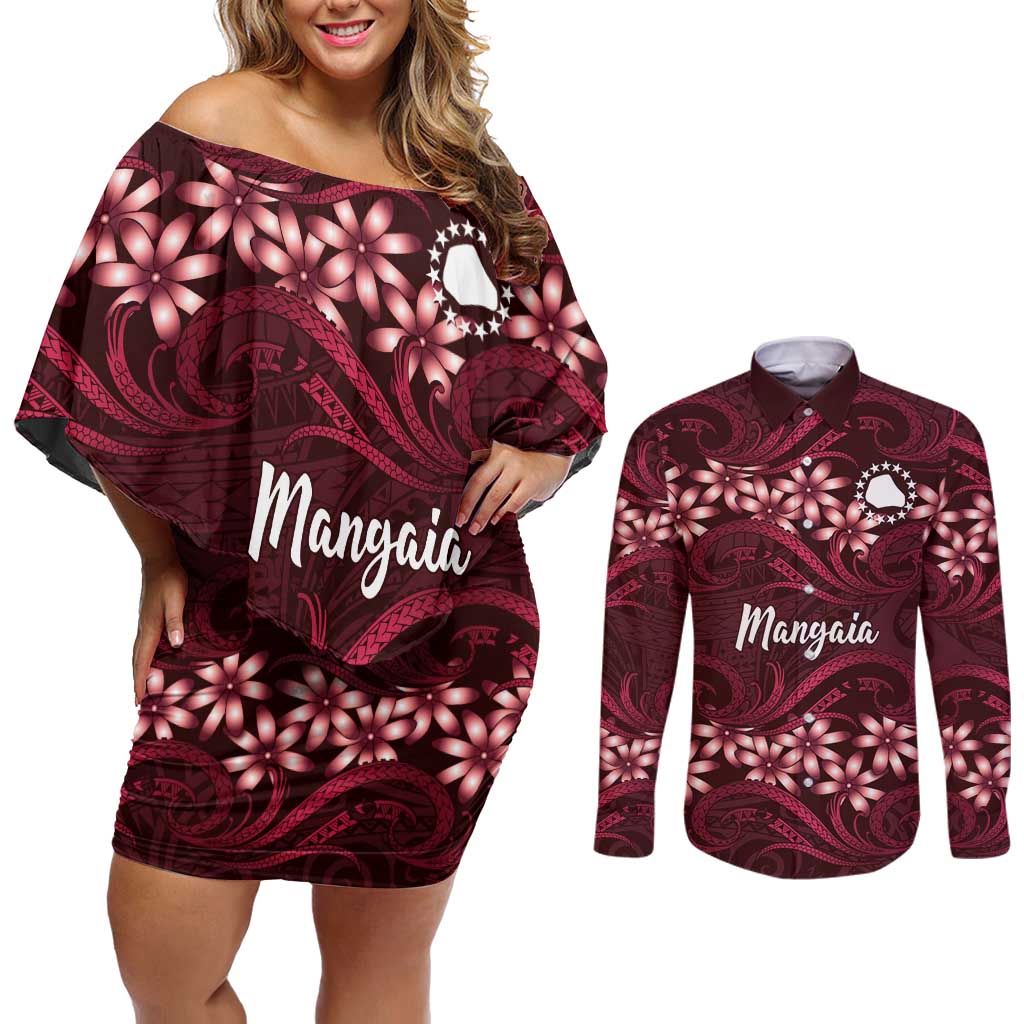 Personalised Cook Islands Mangaia Couples Matching Off Shoulder Short Dress and Long Sleeve Button Shirt Tiare Maori Polynesian Waves Tattoo LT14 Burgundy - Polynesian Pride