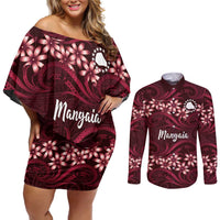 Personalised Cook Islands Mangaia Couples Matching Off Shoulder Short Dress and Long Sleeve Button Shirt Tiare Maori Polynesian Waves Tattoo LT14 Burgundy - Polynesian Pride