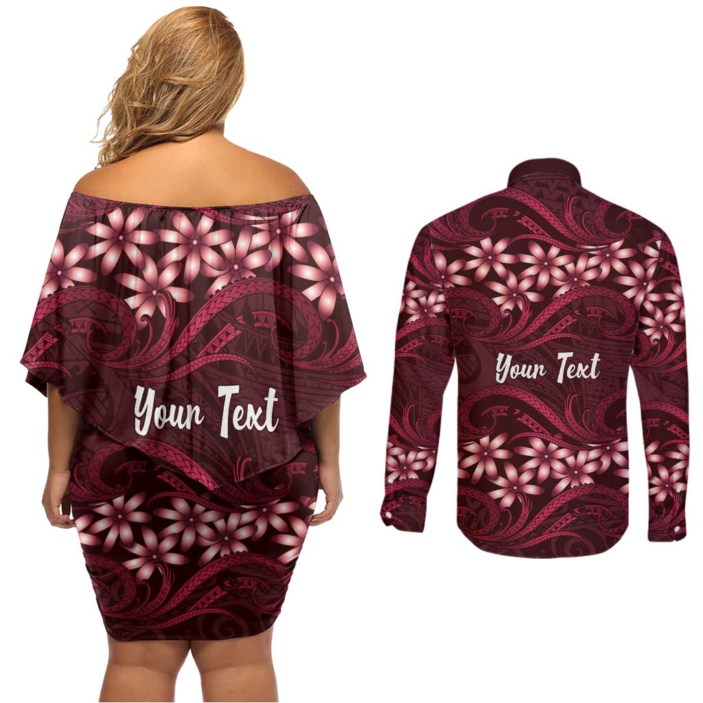 Personalised Cook Islands Mangaia Couples Matching Off Shoulder Short Dress and Long Sleeve Button Shirt Tiare Maori Polynesian Waves Tattoo LT14 - Polynesian Pride