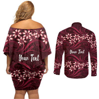 Personalised Cook Islands Mangaia Couples Matching Off Shoulder Short Dress and Long Sleeve Button Shirt Tiare Maori Polynesian Waves Tattoo LT14 - Polynesian Pride