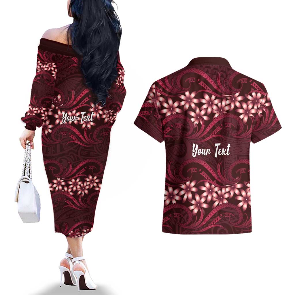 Personalised Cook Islands Mangaia Couples Matching Off The Shoulder Long Sleeve Dress and Hawaiian Shirt Tiare Maori Polynesian Waves Tattoo LT14 - Polynesian Pride