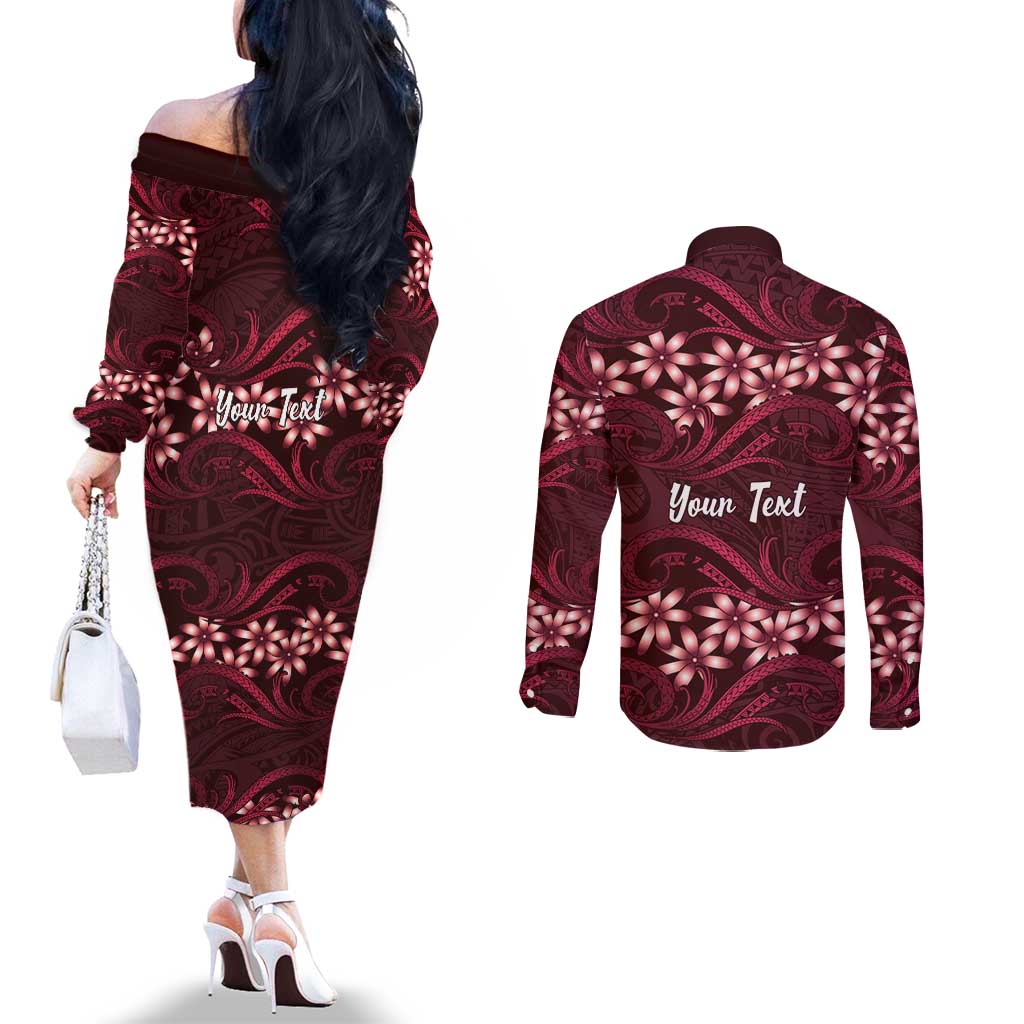 Personalised Cook Islands Mangaia Couples Matching Off The Shoulder Long Sleeve Dress and Long Sleeve Button Shirt Tiare Maori Polynesian Waves Tattoo LT14 - Polynesian Pride