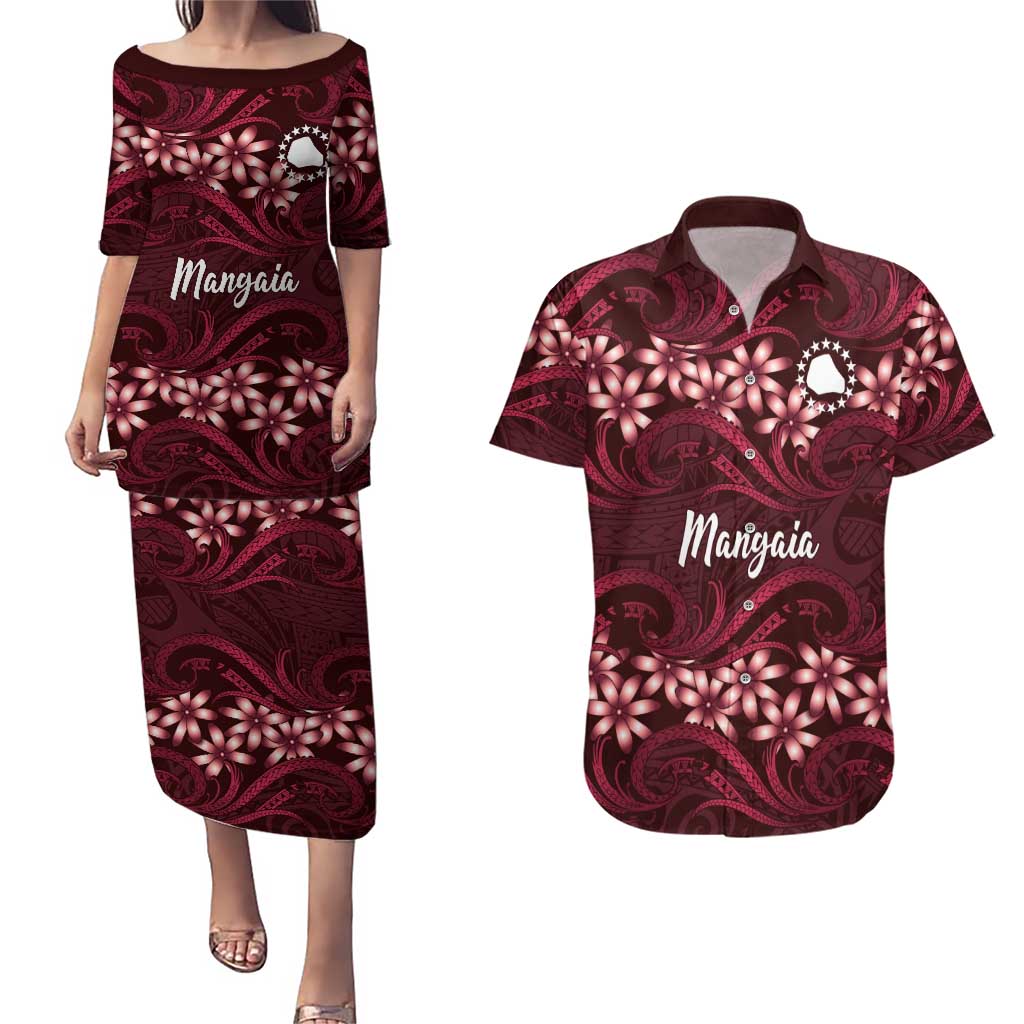 Personalised Cook Islands Mangaia Couples Matching Puletasi and Hawaiian Shirt Tiare Maori Polynesian Waves Tattoo LT14 Burgundy - Polynesian Pride