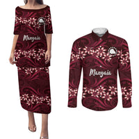 Personalised Cook Islands Mangaia Couples Matching Puletasi and Long Sleeve Button Shirt Tiare Maori Polynesian Waves Tattoo LT14 Burgundy - Polynesian Pride