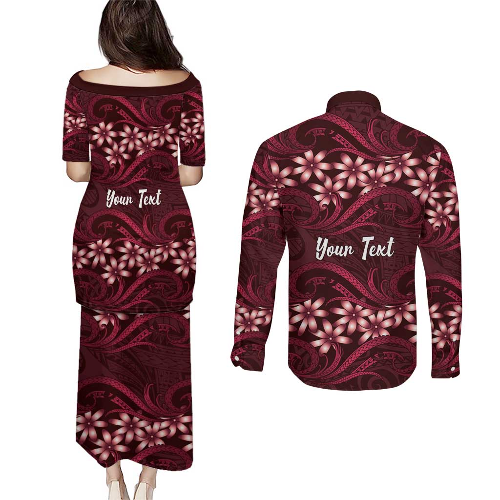 Personalised Cook Islands Mangaia Couples Matching Puletasi and Long Sleeve Button Shirt Tiare Maori Polynesian Waves Tattoo LT14 - Polynesian Pride