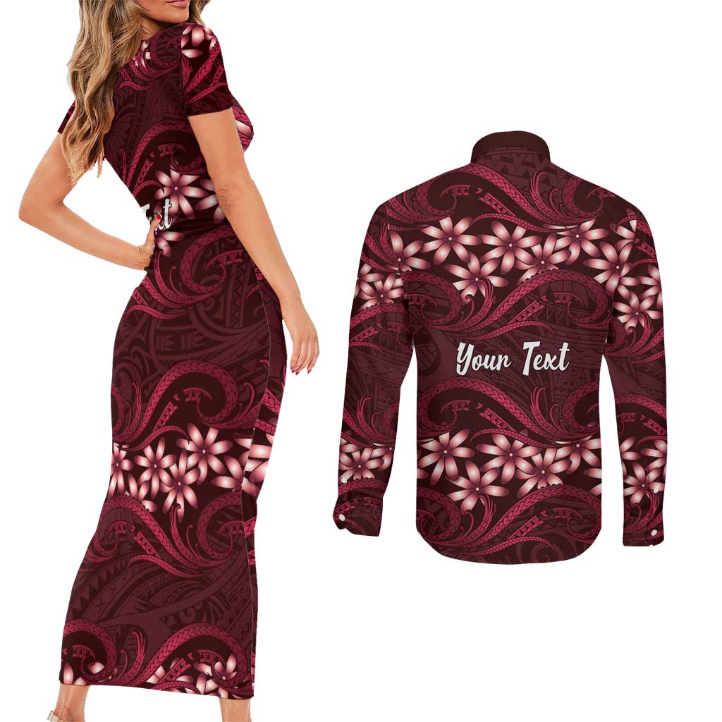 Personalised Cook Islands Mangaia Couples Matching Short Sleeve Bodycon Dress and Long Sleeve Button Shirt Tiare Maori Polynesian Waves Tattoo LT14 - Polynesian Pride