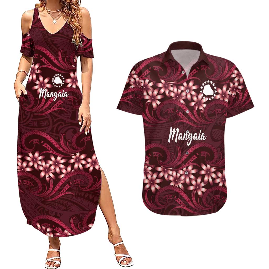 Personalised Cook Islands Mangaia Couples Matching Summer Maxi Dress and Hawaiian Shirt Tiare Maori Polynesian Waves Tattoo LT14 Burgundy - Polynesian Pride