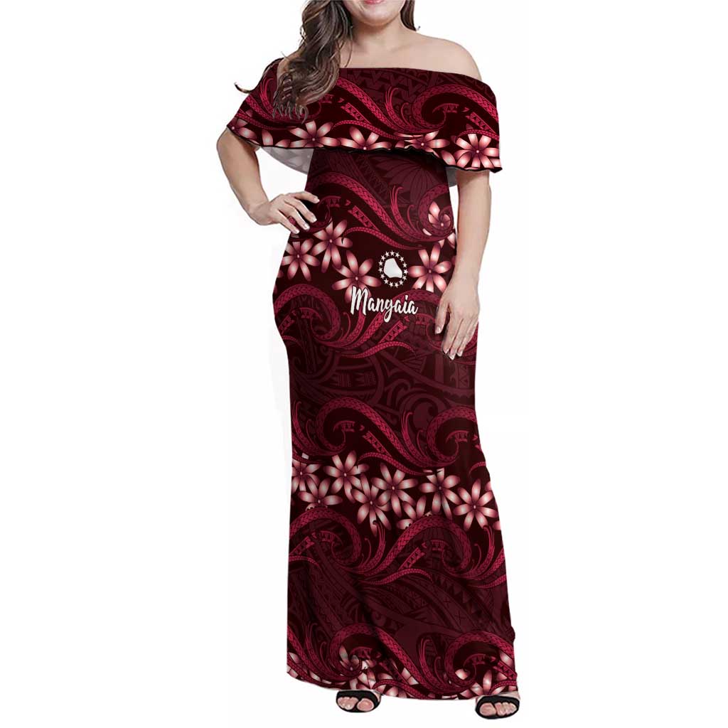 Personalised Cook Islands Mangaia Family Matching Off Shoulder Maxi Dress and Hawaiian Shirt Tiare Maori Polynesian Waves Tattoo LT14 Mom's Dress Burgundy - Polynesian Pride