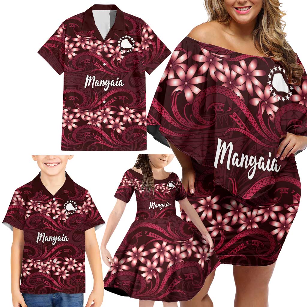Personalised Cook Islands Mangaia Family Matching Off Shoulder Short Dress and Hawaiian Shirt Tiare Maori Polynesian Waves Tattoo