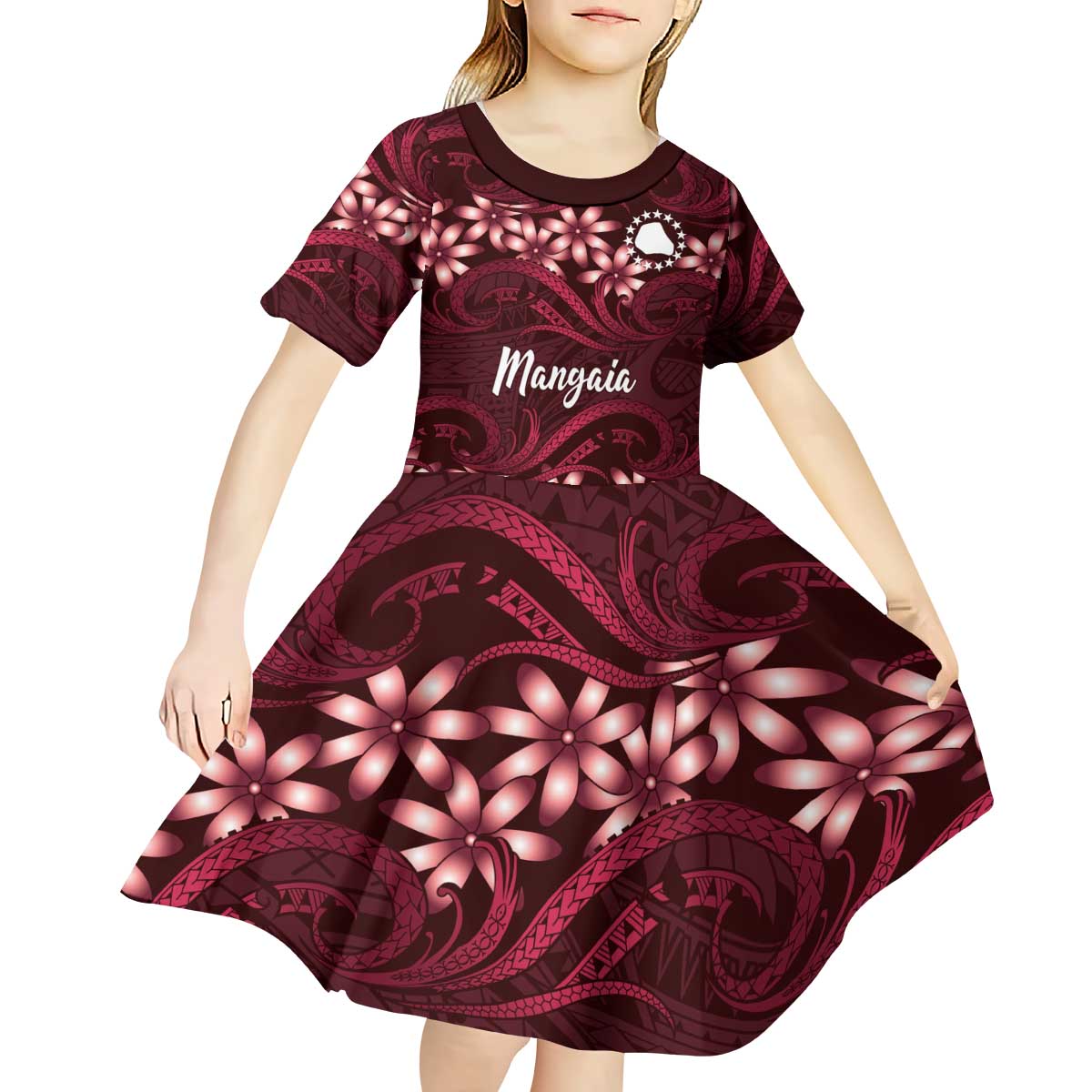 Personalised Cook Islands Mangaia Kid Short Sleeve Dress Tiare Maori Polynesian Waves Tattoo LT14 - Polynesian Pride