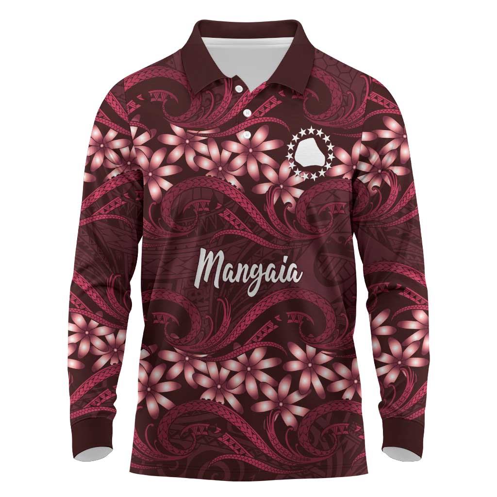 Personalised Cook Islands Mangaia Long Sleeve Polo Shirt Tiare Maori Polynesian Waves Tattoo LT14 Burgundy - Polynesian Pride