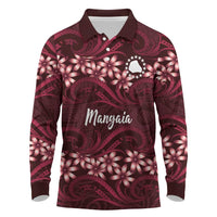 Personalised Cook Islands Mangaia Long Sleeve Polo Shirt Tiare Maori Polynesian Waves Tattoo LT14 Burgundy - Polynesian Pride