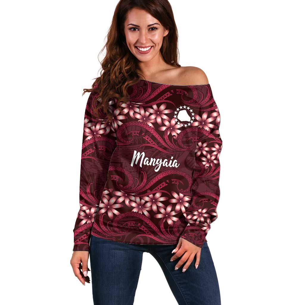 Personalised Cook Islands Mangaia Off Shoulder Sweater Tiare Maori Polynesian Waves Tattoo LT14 Women Burgundy - Polynesian Pride
